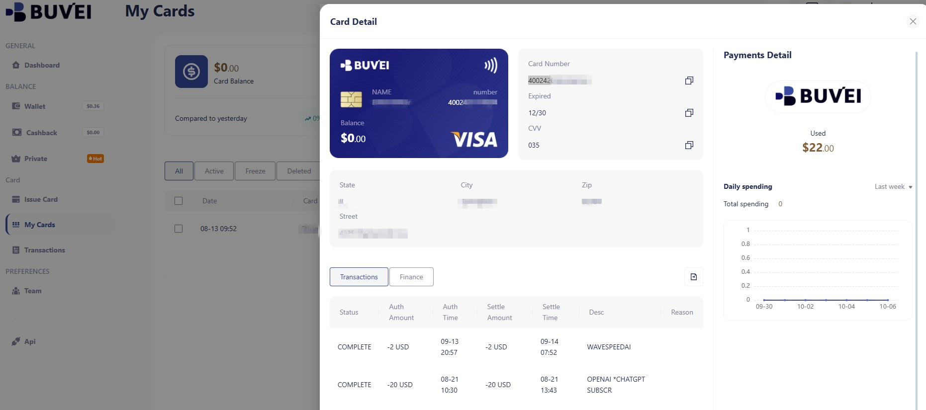 View your virtual card details including number, expiry, and CVV